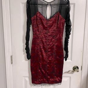 Red and Black Bebe Sexy Lace Mini Dress with Mesh Sleeves